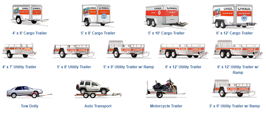 list of moving day equipment including trailers and auto dollies