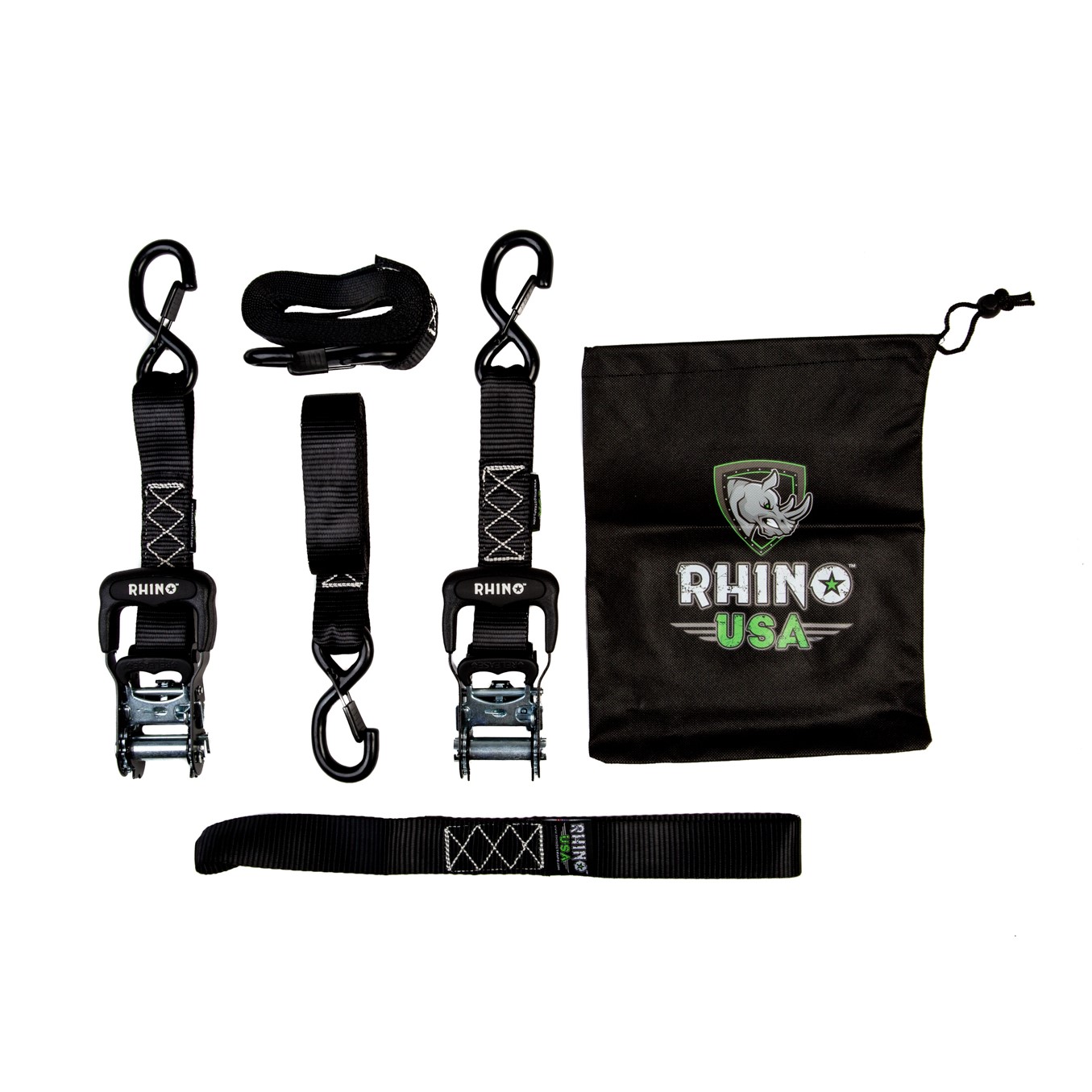 Rhino USA HeavyDuty Ratchet TieDown Kit  2 Ratchet Straps + 2 Soft Loops