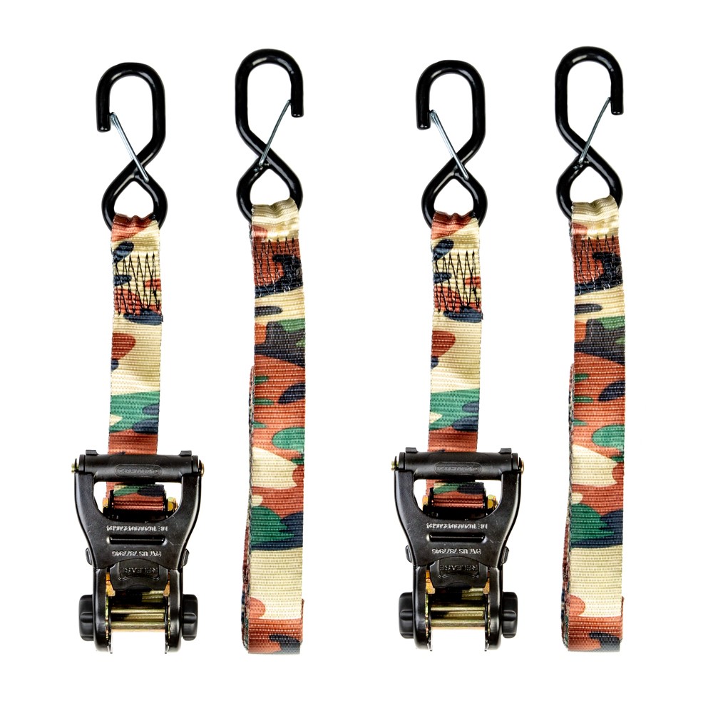 SLine By Ancra 15’ HeavyDuty Camo Ratchet TieDowns with Extended ShortEnd & Webbing Keeper