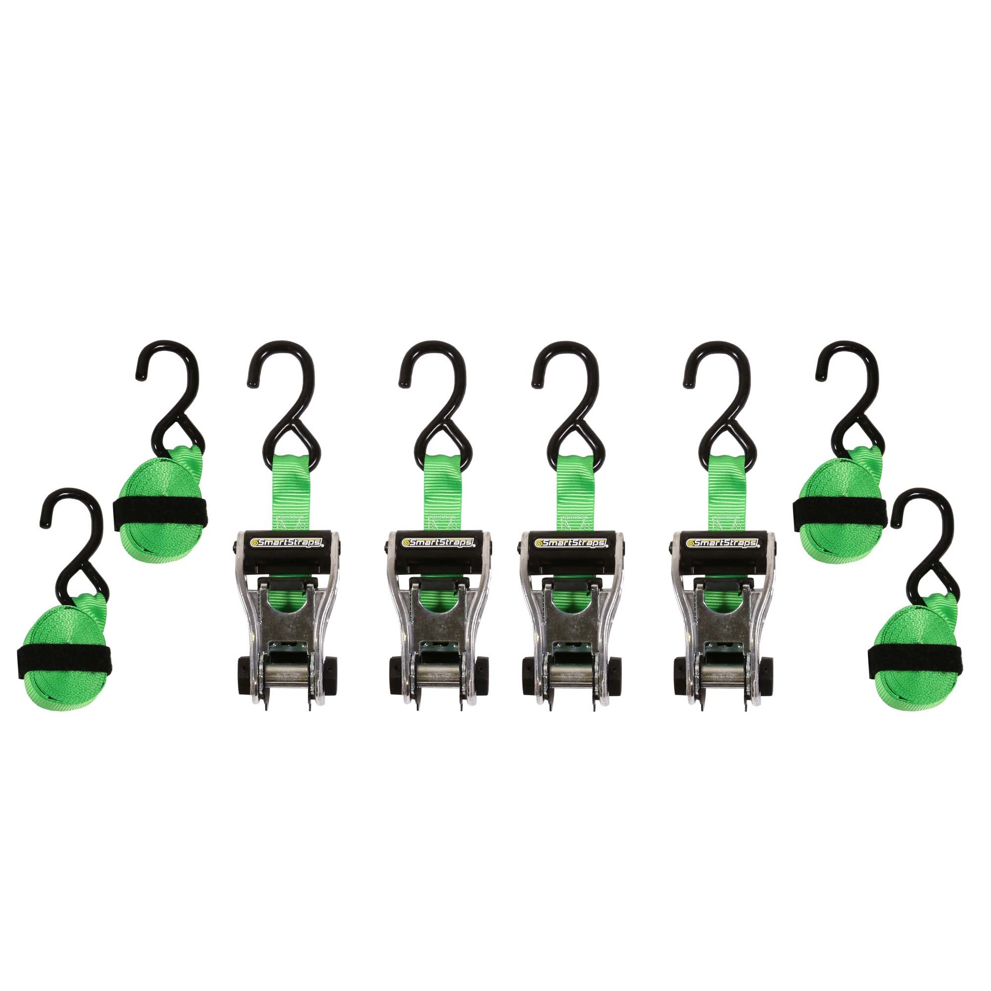 SmartStraps 14’ RatchetX Ratchet TieDowns  Pack of 4 (Green)  1,500 lb Breaking Strength