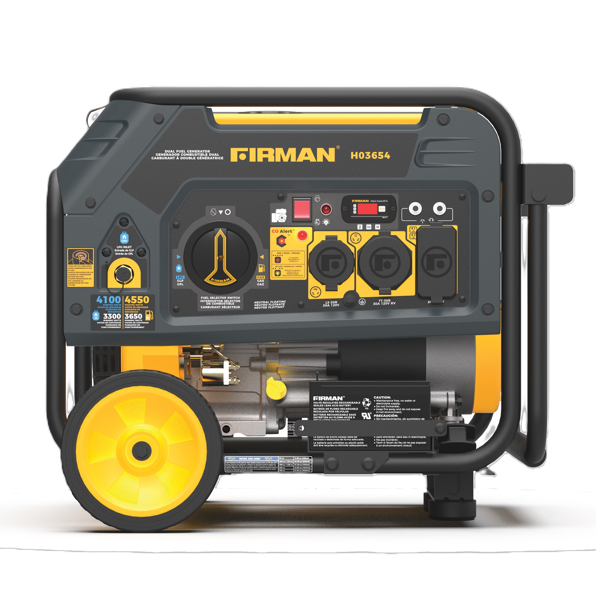 Generator, 4550/3650W, Dual Fuel, Recoil Start, 120V, w/ Wheel Kit With CO Alert