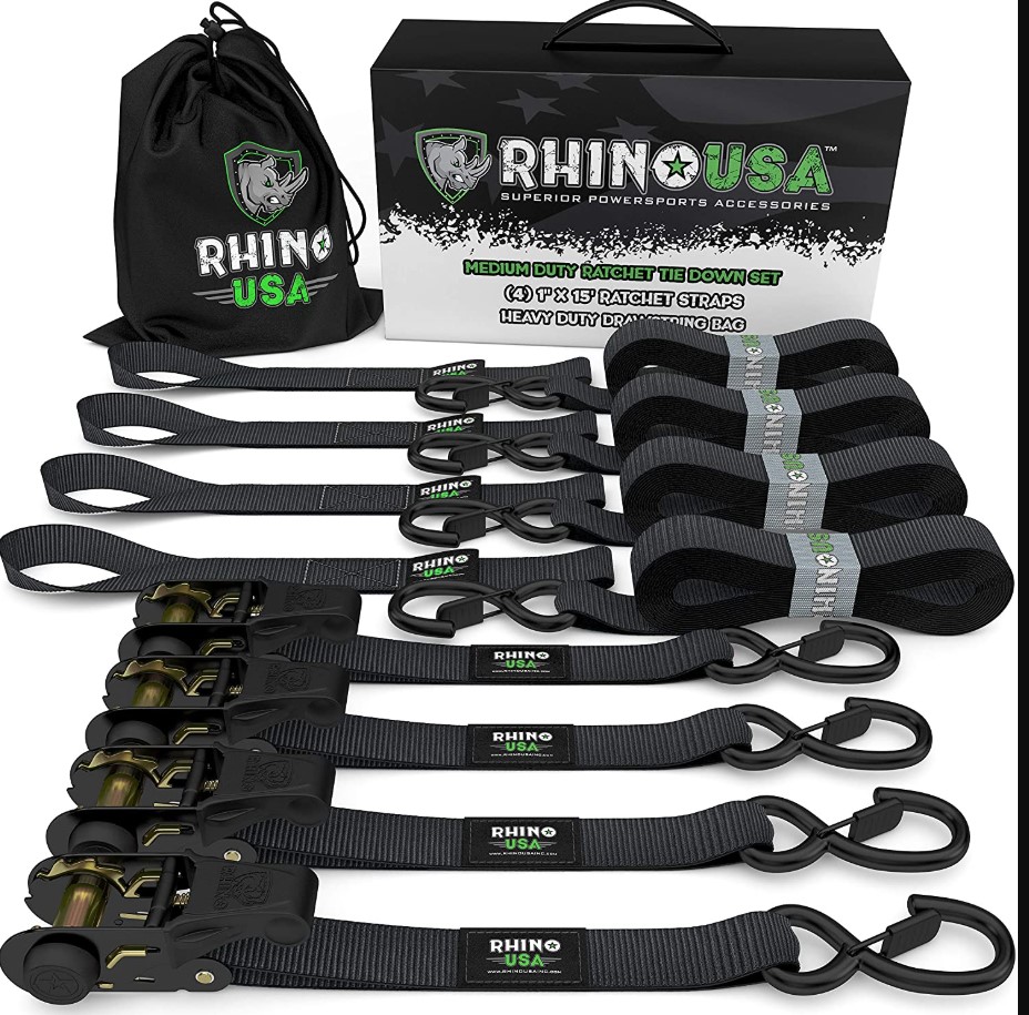 Rhino USA MediumDuty Ratchet Tie Down Set of 4 Straps  15’ Length  Includes Storage Bag