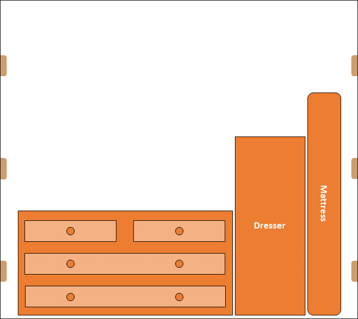 A diagram showing how to load sturdy base furniture (a dresser, cabinet, and mattress) onto a U-Haul moving truck.