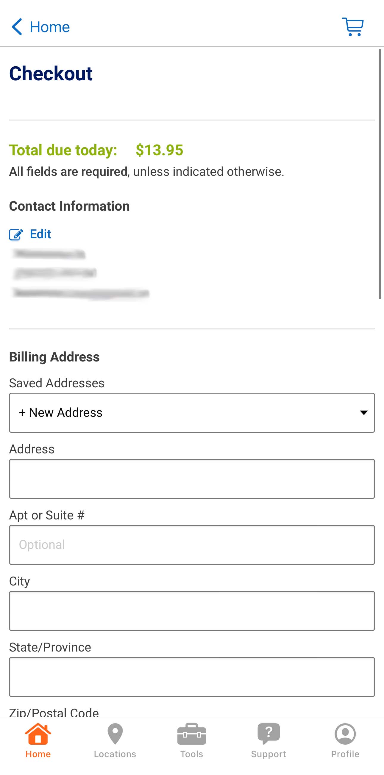 The screenshot shows the total due today along with contact information and the billing address.