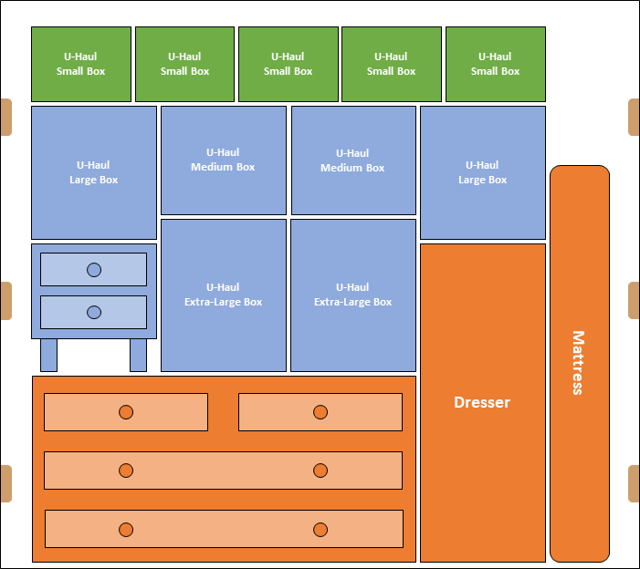 A diagram showing a row of small U-Haul boxes stacked on top of medium, large, and extra-large moving boxes.