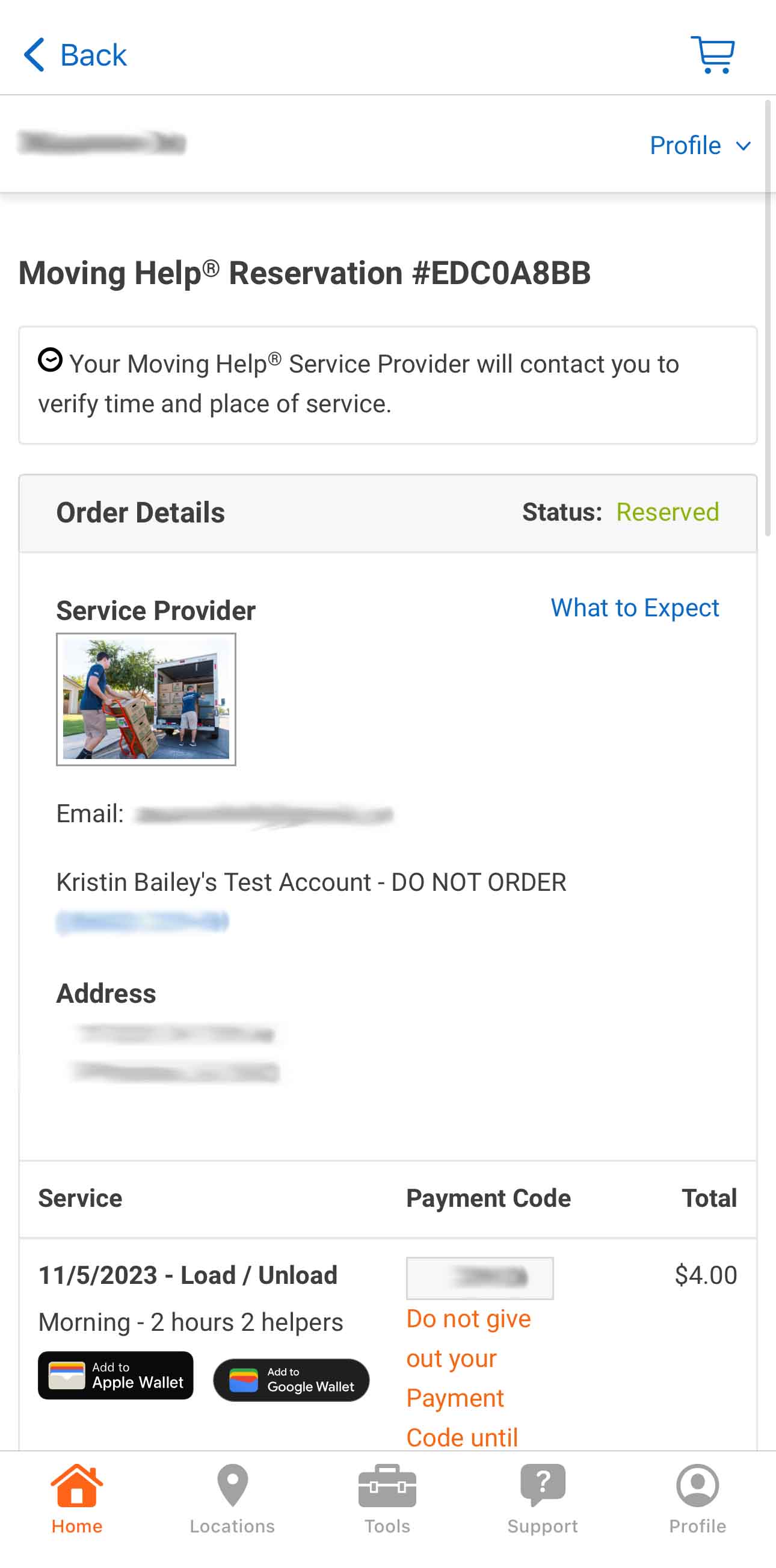 The screenshot shows the order details, status, a “What to Expect” link, a Payment Code, the option to add the Payment to the Apple Wallet or Google Wallet, and the total.