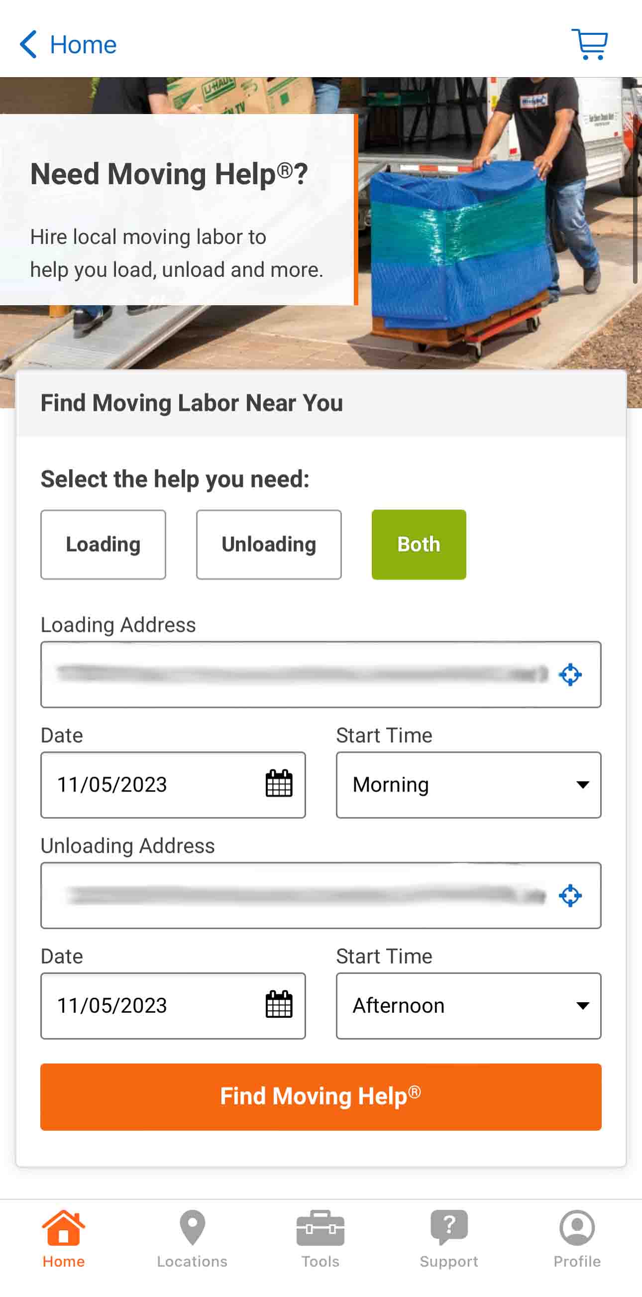 The screenshot shows the main screen to enter your loading and/or unloading details to find moving labor near you with Moving Help while using the U-Haul app.