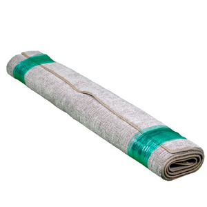 A rolled up rug with stretch plastic wrap