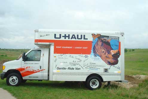 The moving van with the dignitaries’ signatures.