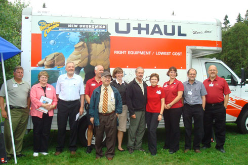 From L-R – Marketing Company President (MCP) Bruce Bennett, U-Haul Company of Atlantic Canada (Co. 843); Mary Wood, administrative assistant for Rob Moore, member of Parliament for Fundy Royal; Wayne Steeves, member of the legislative assembly for Albert County; Myer Rabin, president of the Riverview Liberal Association; Kelly Cain, director of tourism and events, city of Moncton; Richard and Kathy Faulkner, Baymount Outdoor Adventures; Annick Robichaud, admissions and group tour manager, Hopewell Rocks Ocean Tidal Exploration Site; Peter Hicklin, Environment Canada's Canadian Wildlife Service; and Noel Hamann, property manager, Hopewell Rocks Ocean Tidal Exploration Site.