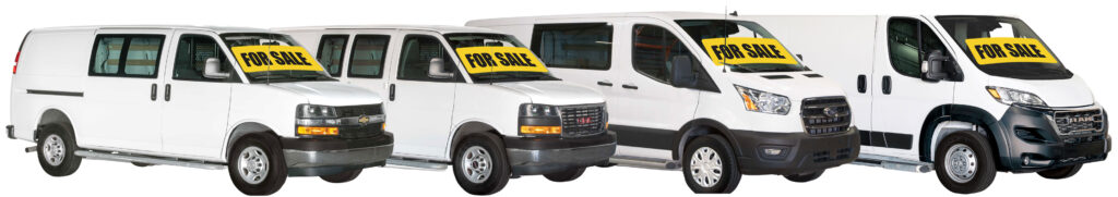 Four types of vans U-Haul offers for sale. A Ford Transit, Ram ProMaster, GMC Savana, and Chevy Express.